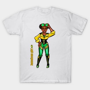 Anime Manga Jamaican sunshades yellow background - dressed in the colors colours of Jamaican flag in black green and gold inside a heart shape T-Shirt